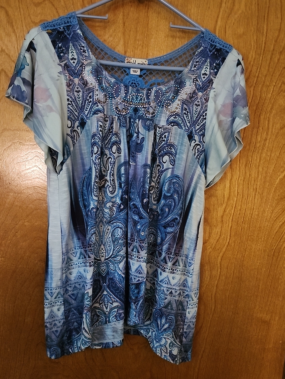 Blue Paisley Crochet-Yoke Tunic with Rhinestone Accents